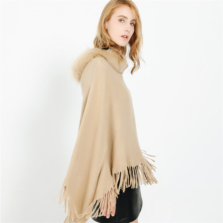 Damen Poncho‑Ruana mit Kunstfellkragen, Strukturjacquard und Fransensaum – Célinea