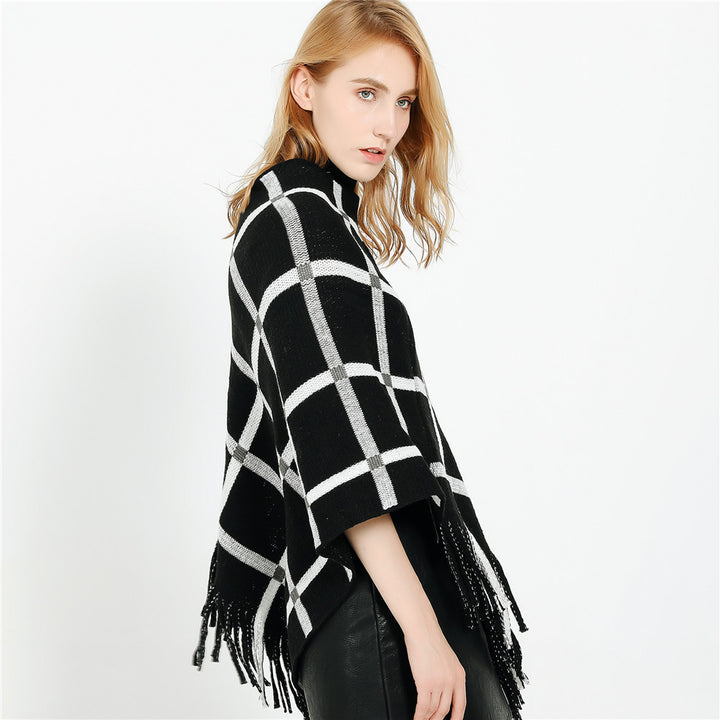 Damen Grobstrick-Poncho mit Karomuster und Fransensaum Echo Archiv