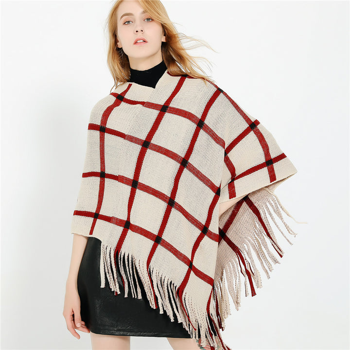 Damen Grobstrick-Poncho mit Karomuster und Fransensaum Echo Archiv