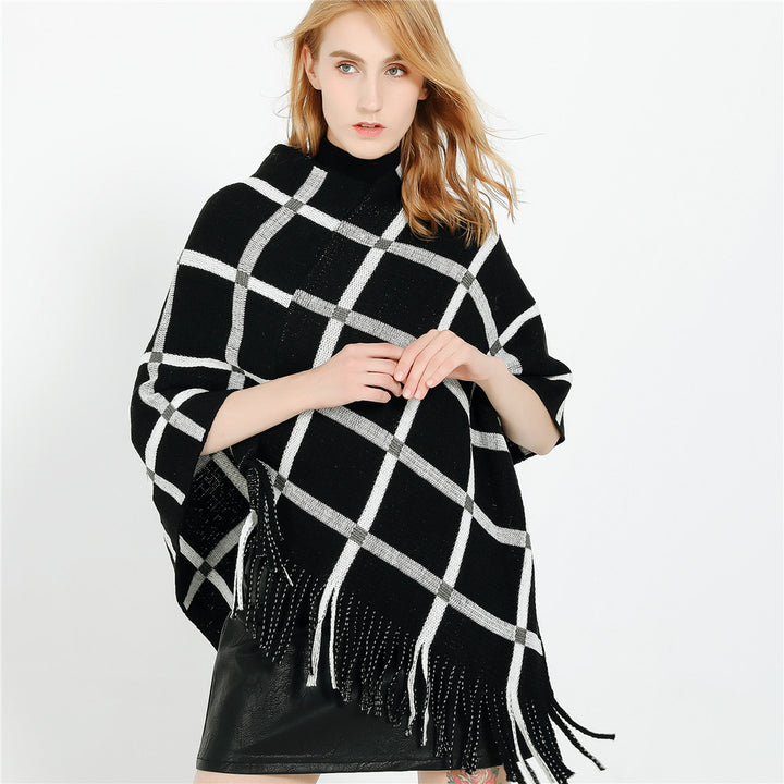 Damen Grobstrick-Poncho mit Karomuster und Fransensaum Echo Archiv
