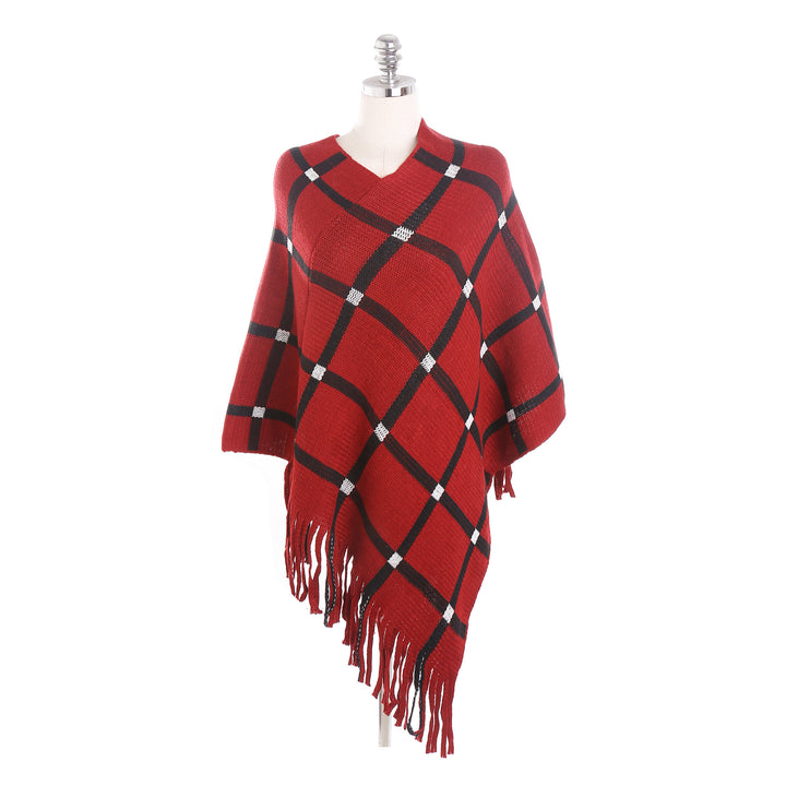 Damen Grobstrick-Poncho mit Karomuster und Fransensaum Echo Archiv