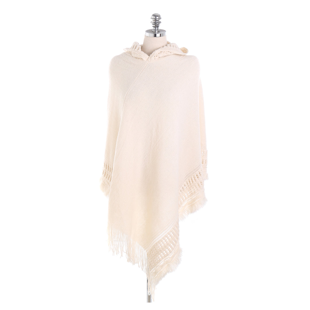Damen Kapuzen-Poncho mit gehäkelter Bordüre und Fransensaum – Auréline