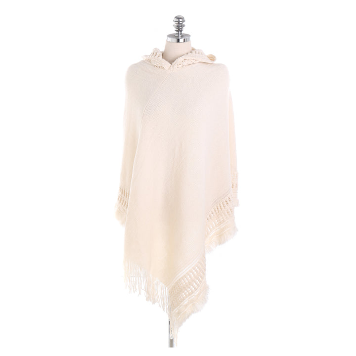 Damen Kapuzen-Poncho mit gehäkelter Bordüre und Fransensaum – Auréline