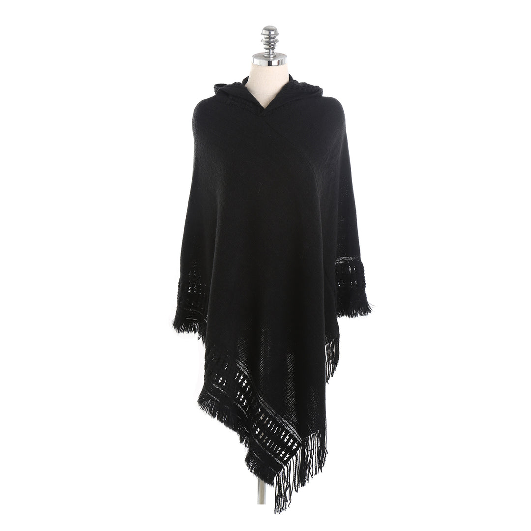 Damen Kapuzen-Poncho mit gehäkelter Bordüre und Fransensaum – Auréline