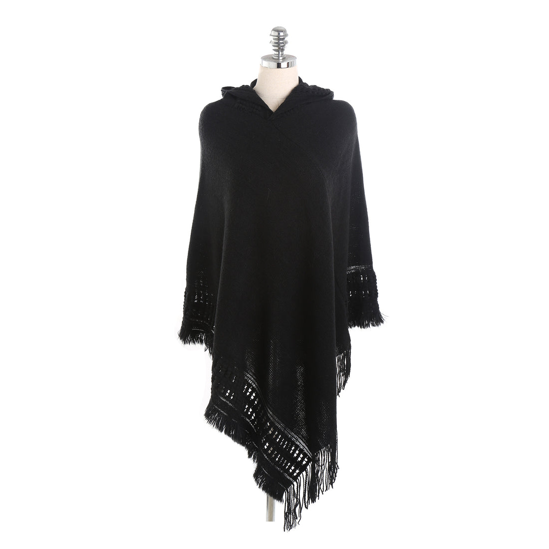 Damen Kapuzen-Poncho mit gehäkelter Bordüre und Fransensaum – Auréline