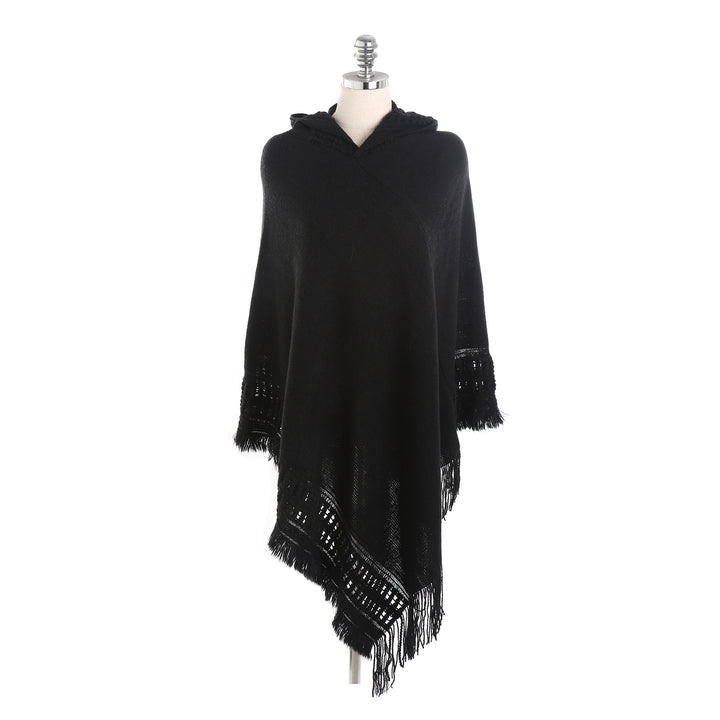 Damen Kapuzen-Poncho mit gehäkelter Bordüre und Fransensaum – Auréline