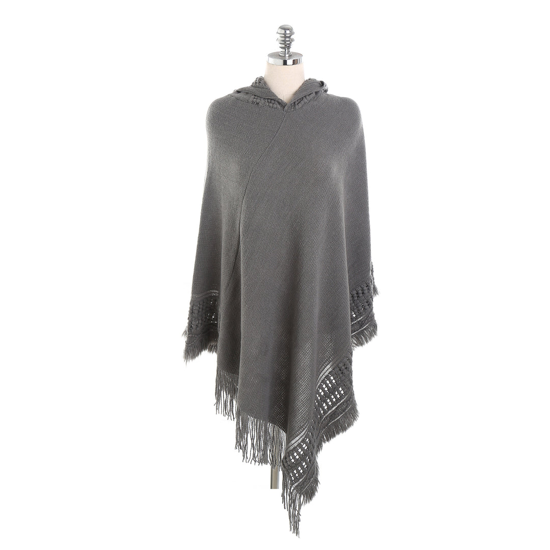 Damen Kapuzen-Poncho mit gehäkelter Bordüre und Fransensaum – Auréline