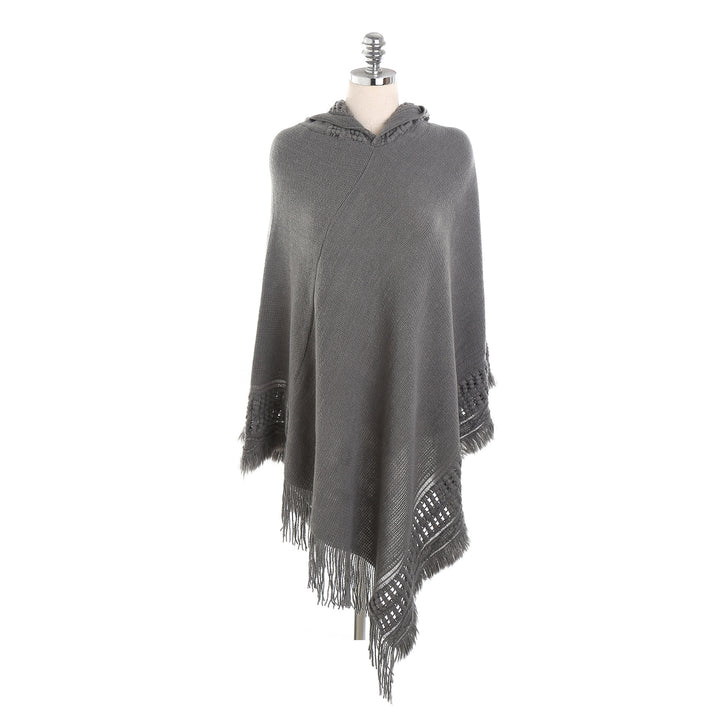 Damen Kapuzen-Poncho mit gehäkelter Bordüre und Fransensaum – Auréline
