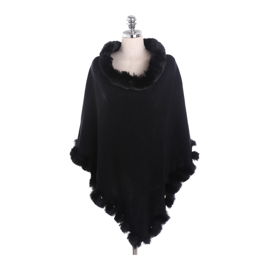 Damen Eleganter Capeponcho aus Wollmix mit Kunstfellbesatz und Pompon-Details – Montévia