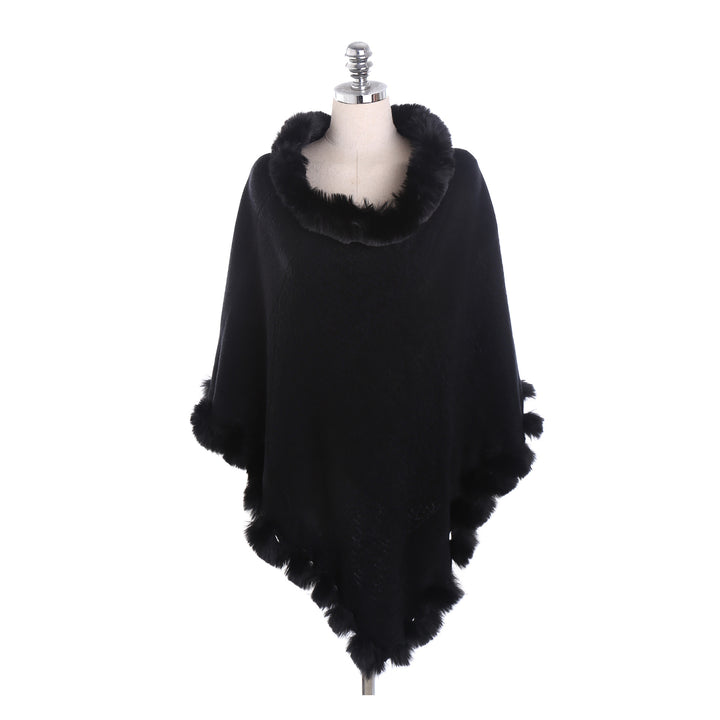 Damen Eleganter Capeponcho aus Wollmix mit Kunstfellbesatz und Pompon-Details – Montévia