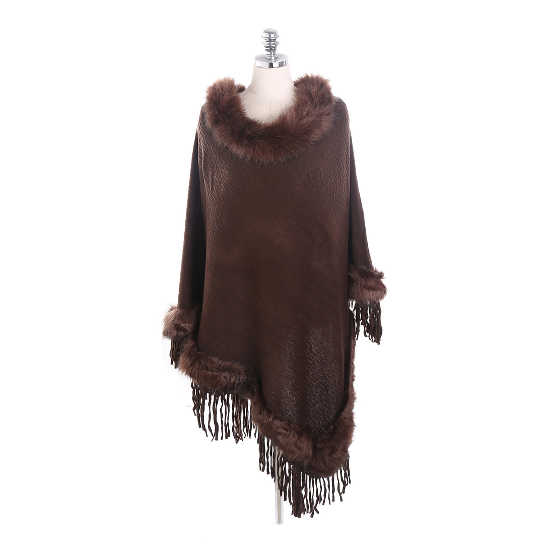 Damen Kaschmir-Touch Poncho mit Kunstfellbesatz, Fransen und weichfallender Oversize-Silhouette Echo Archiv