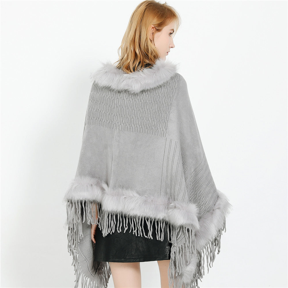 Damen Kaschmir-Touch Poncho mit Kunstfellbesatz, Fransen und weichfallender Oversize-Silhouette Echo Archiv