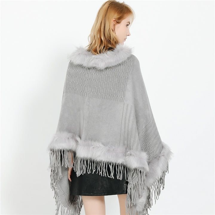 Damen Kaschmir-Touch Poncho mit Kunstfellbesatz, Fransen und weichfallender Oversize-Silhouette Echo Archiv