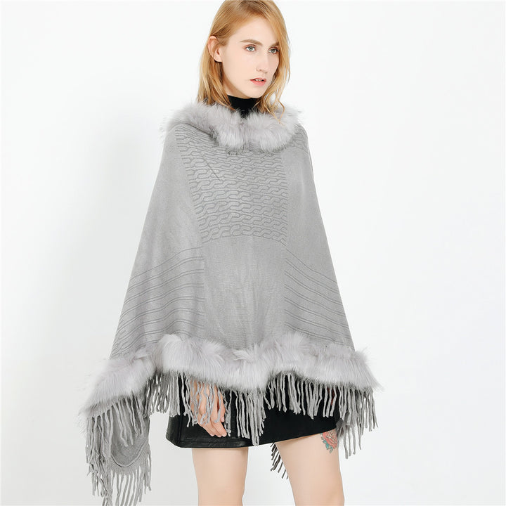 Damen Kaschmir-Touch Poncho mit Kunstfellbesatz, Fransen und weichfallender Oversize-Silhouette Echo Archiv