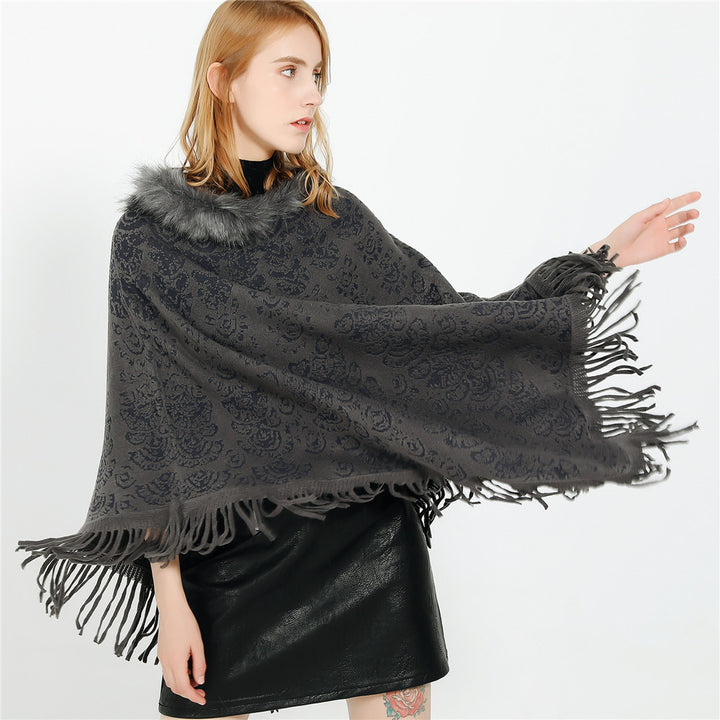Damen Poncho‑Ruana mit Kunstfellkragen, Strukturjacquard und Fransensaum – Célinea