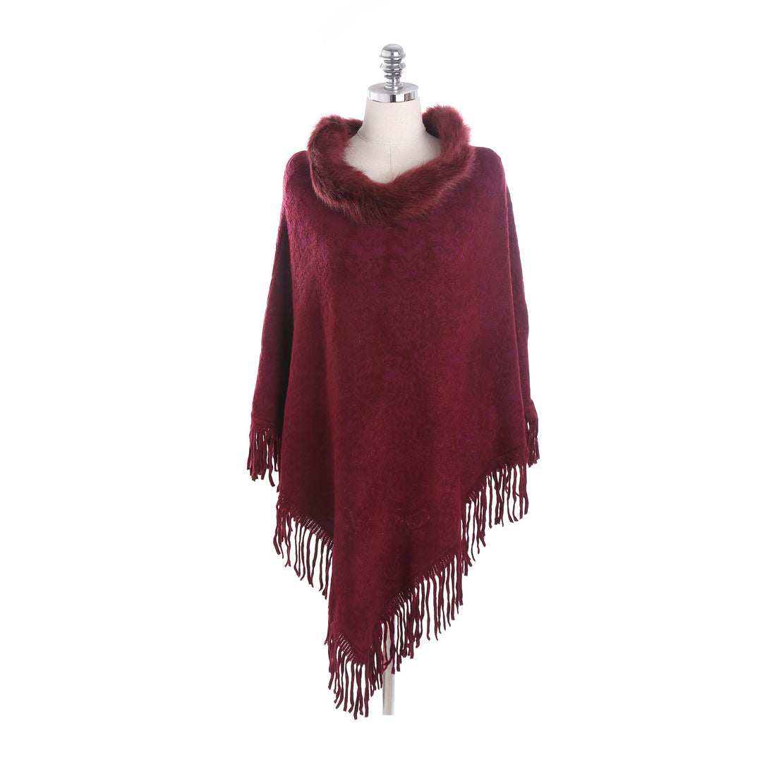 Damen Poncho‑Ruana mit Kunstfellkragen, Strukturjacquard und Fransensaum – Célinea