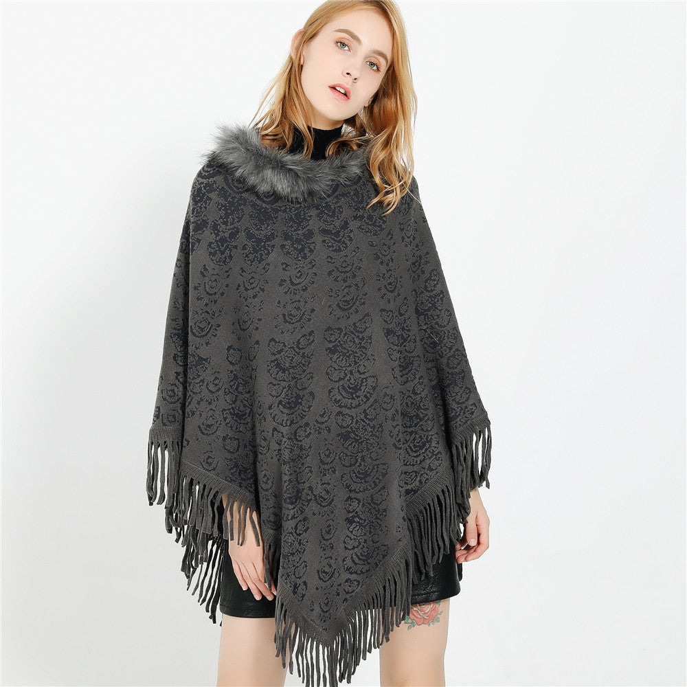 Damen Poncho‑Ruana mit Kunstfellkragen, Strukturjacquard und Fransensaum – Célinea