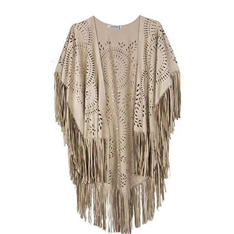 Damen Fransen-Poncho aus Wildlederimitat mit lasergeschnittenem Mandala-Design Echoarchiv