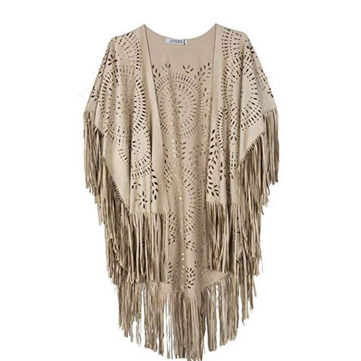 Damen Fransen-Poncho aus Wildlederimitat mit lasergeschnittenem Mandala-Design Echoarchiv