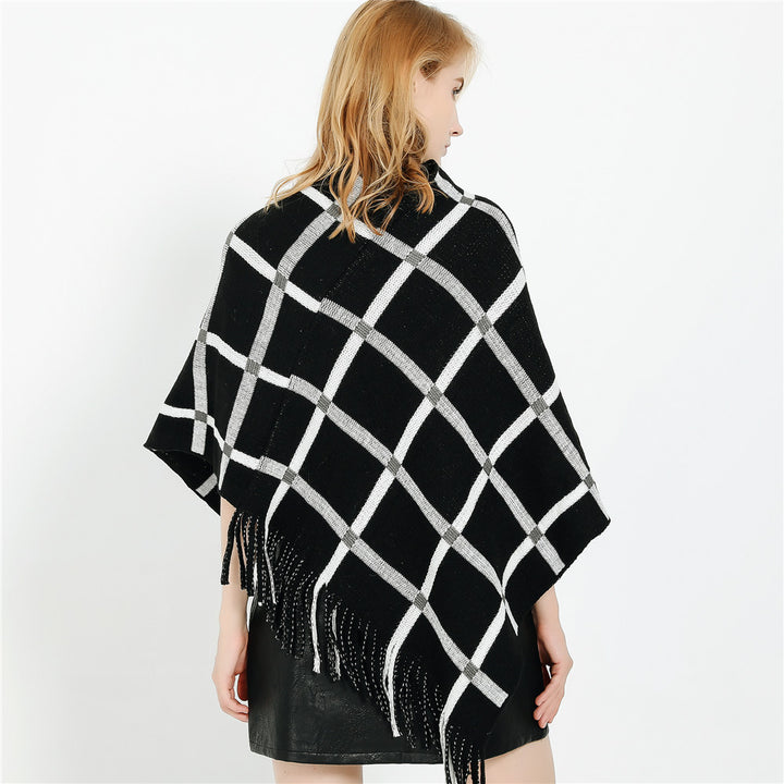 Damen Grobstrick-Poncho mit Karomuster und Fransensaum Echo Archiv