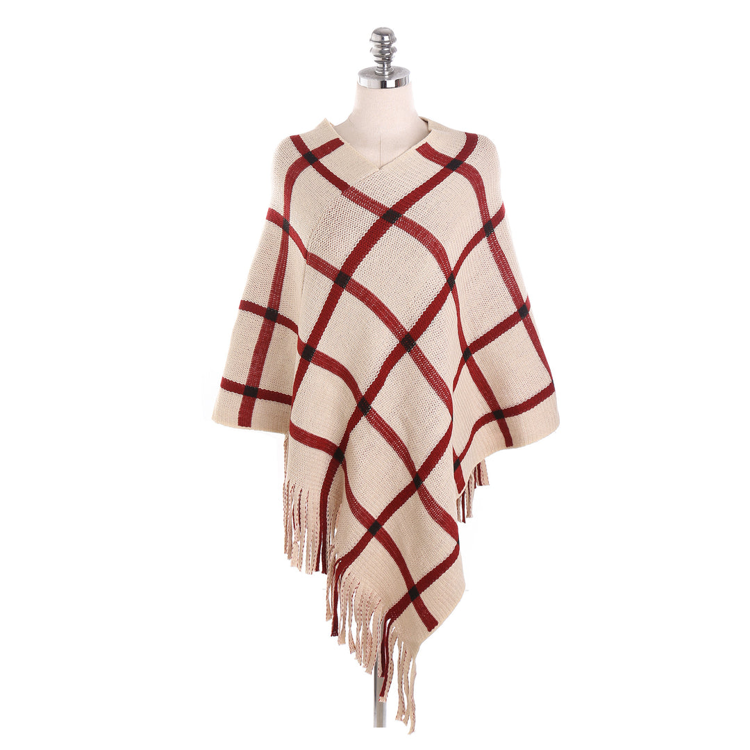 Damen Grobstrick-Poncho mit Karomuster und Fransensaum Echo Archiv