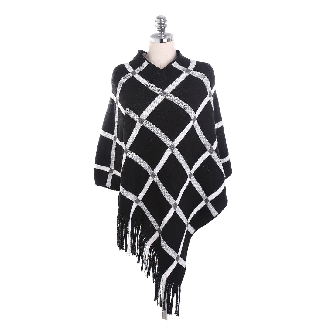 Damen Grobstrick-Poncho mit Karomuster und Fransensaum Echo Archiv