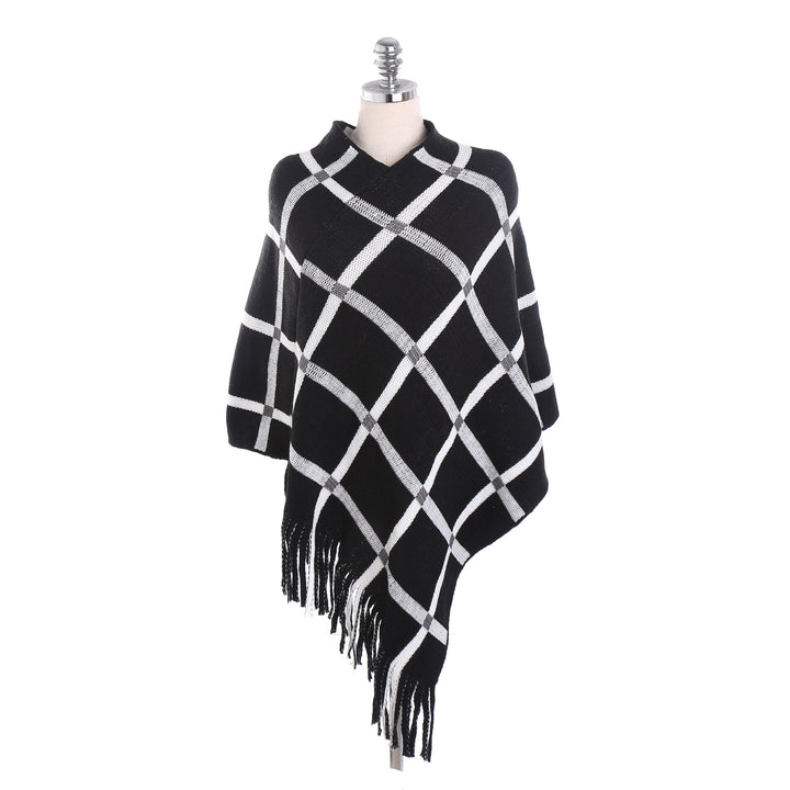 Damen Grobstrick-Poncho mit Karomuster und Fransensaum Echo Archiv