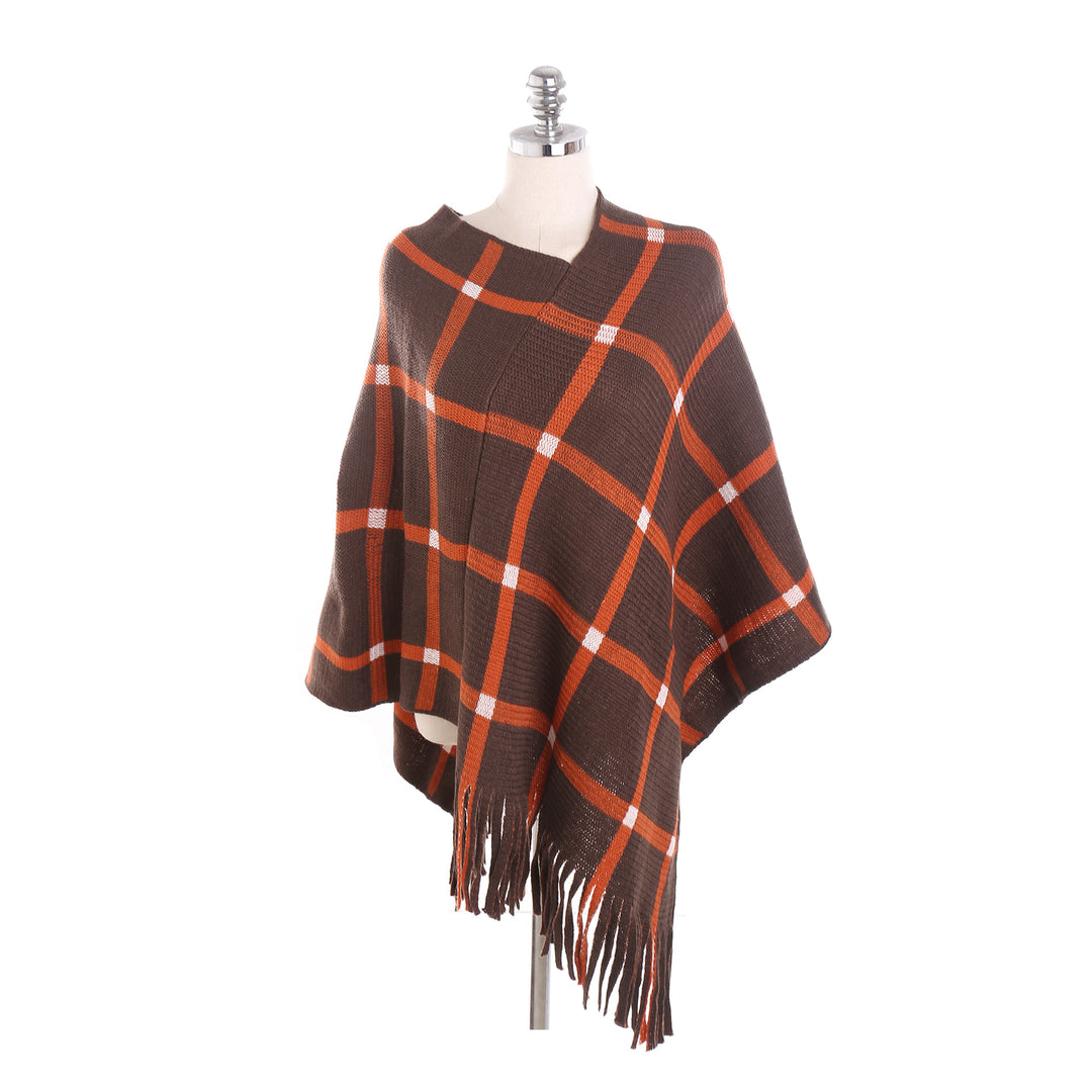 Damen Grobstrick-Poncho mit Karomuster und Fransensaum Echo Archiv