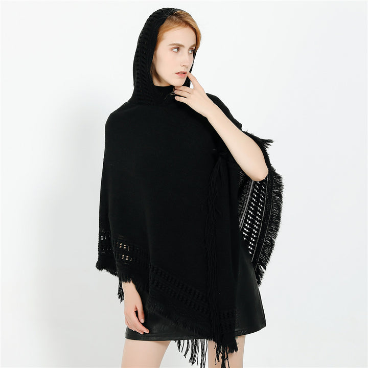 Damen Kapuzen-Poncho mit gehäkelter Bordüre und Fransensaum – Auréline