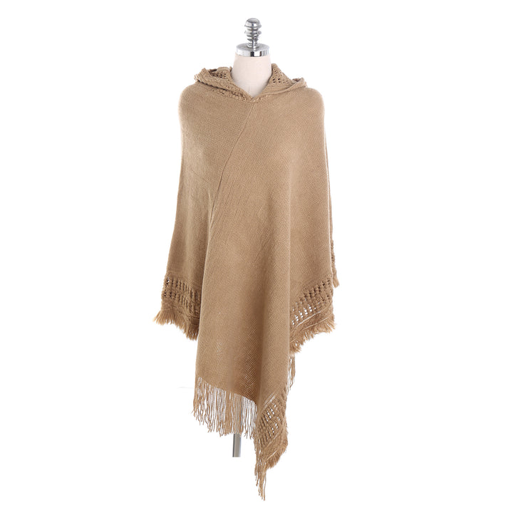 Damen Kapuzen-Poncho mit gehäkelter Bordüre und Fransensaum – Auréline