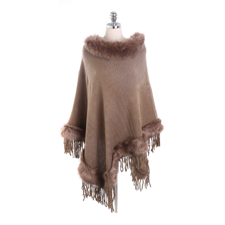 Damen Kaschmir-Touch Poncho mit Kunstfellbesatz, Fransen und weichfallender Oversize-Silhouette Echo Archiv