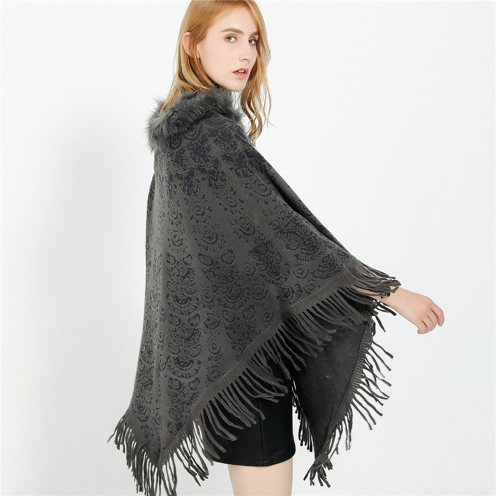 Damen Poncho‑Ruana mit Kunstfellkragen, Strukturjacquard und Fransensaum – Célinea
