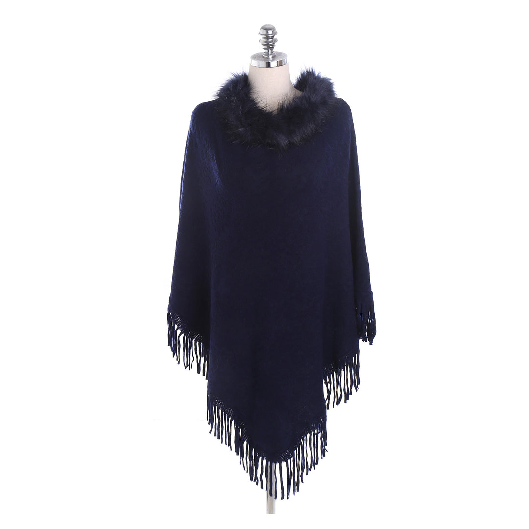 Damen Poncho‑Ruana mit Kunstfellkragen, Strukturjacquard und Fransensaum – Célinea