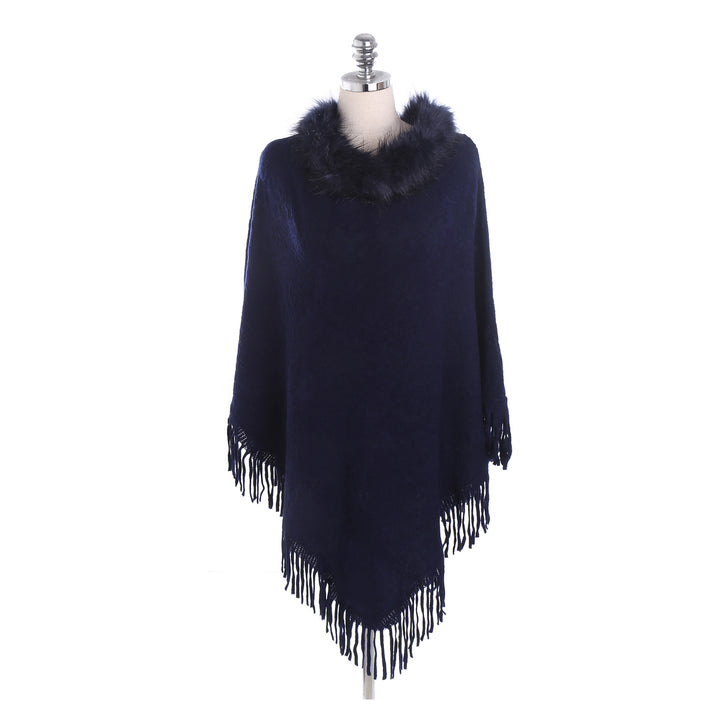 Damen Poncho‑Ruana mit Kunstfellkragen, Strukturjacquard und Fransensaum – Célinea
