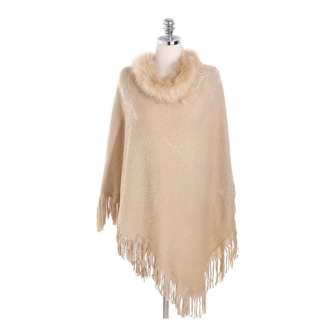 Damen Poncho‑Ruana mit Kunstfellkragen, Strukturjacquard und Fransensaum – Célinea