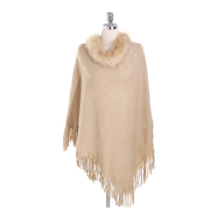 Damen Poncho‑Ruana mit Kunstfellkragen, Strukturjacquard und Fransensaum – Célinea