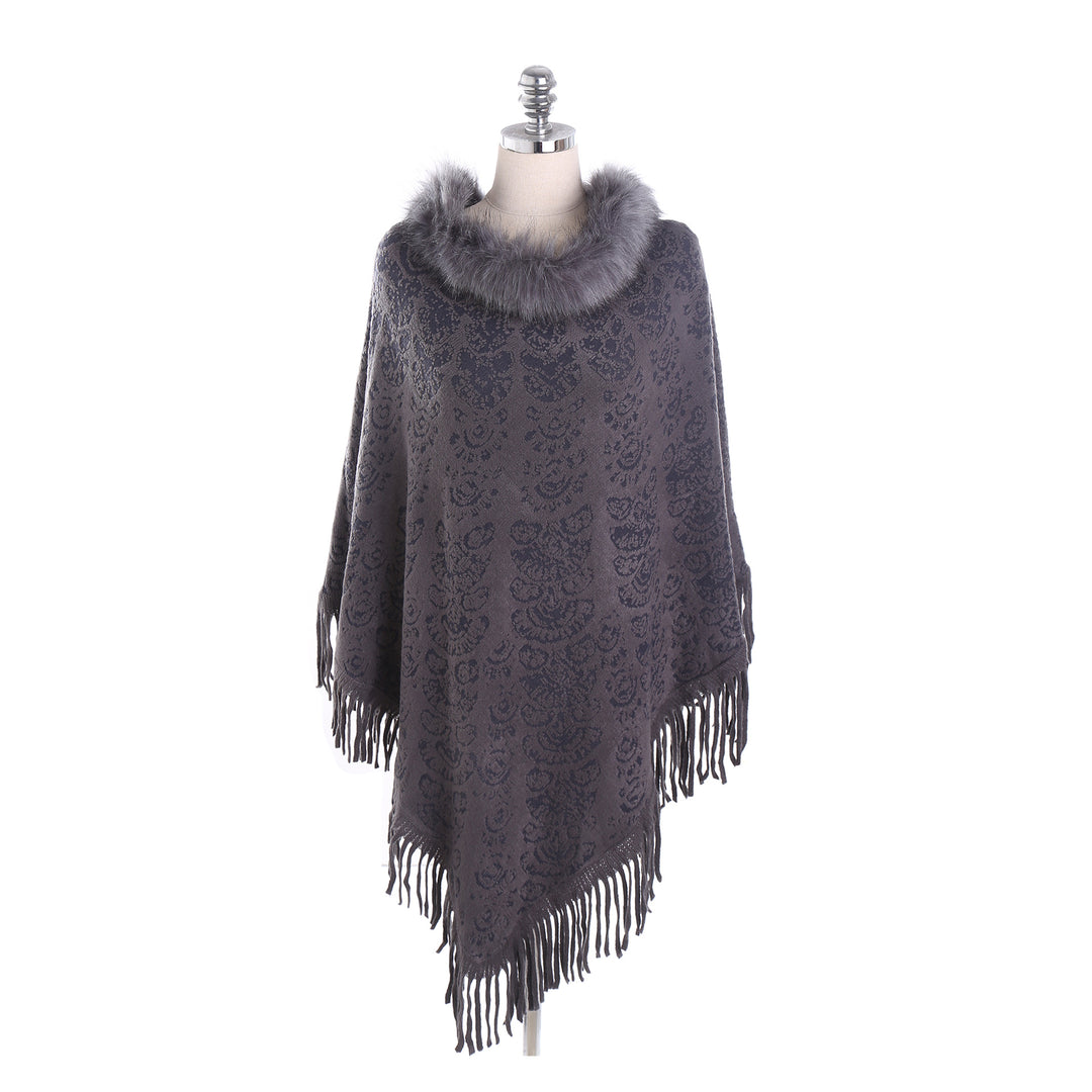 Damen Poncho‑Ruana mit Kunstfellkragen, Strukturjacquard und Fransensaum – Célinea