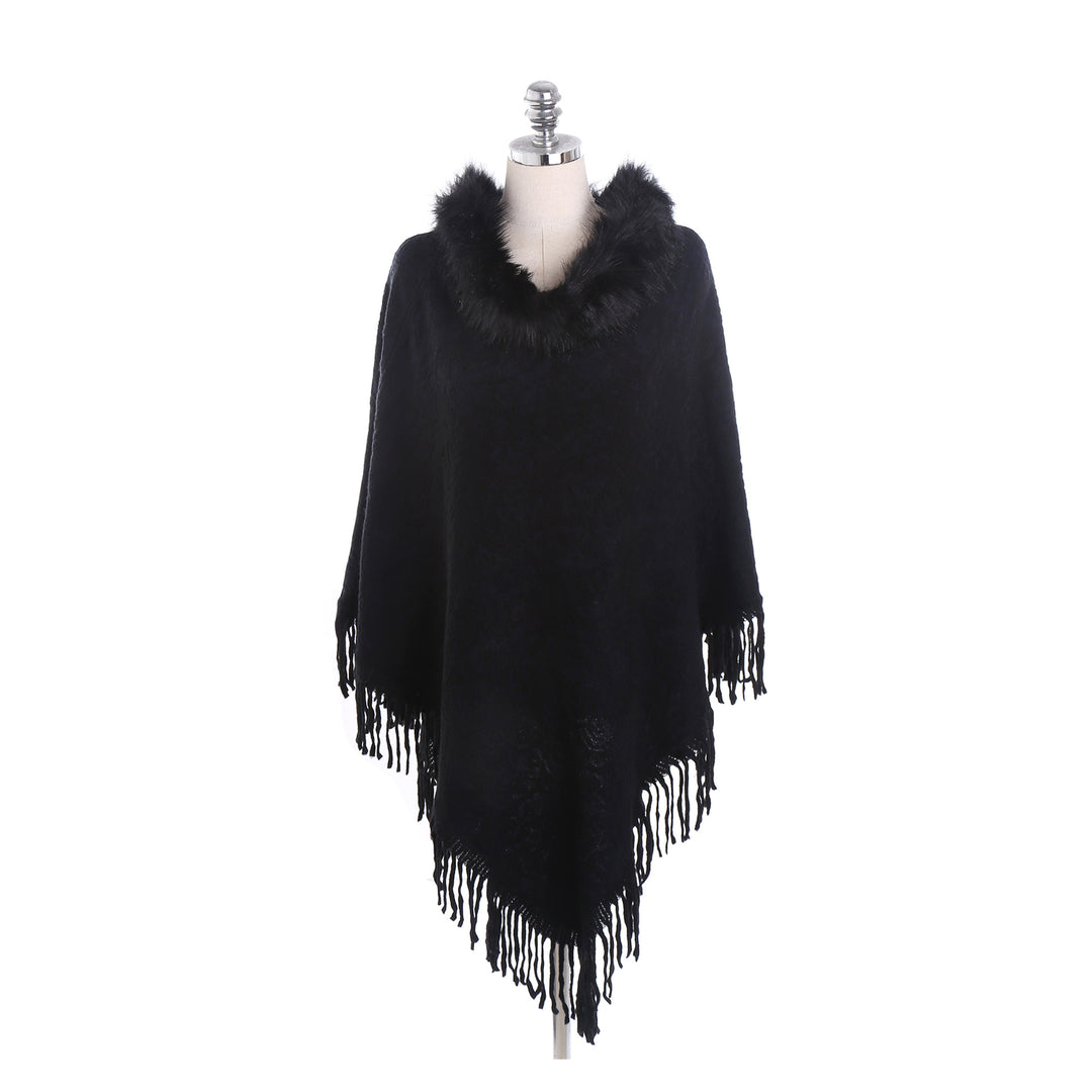 Damen Poncho‑Ruana mit Kunstfellkragen, Strukturjacquard und Fransensaum – Célinea