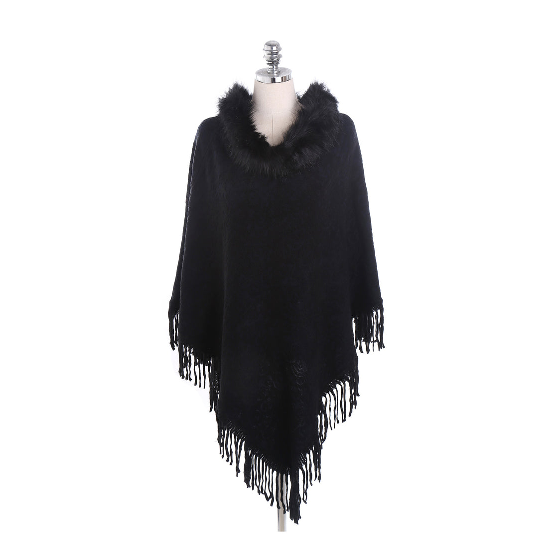 Damen Poncho‑Ruana mit Kunstfellkragen, Strukturjacquard und Fransensaum – Célinea