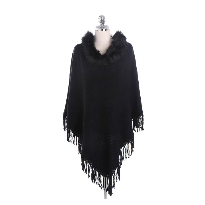 Damen Poncho‑Ruana mit Kunstfellkragen, Strukturjacquard und Fransensaum – Célinea