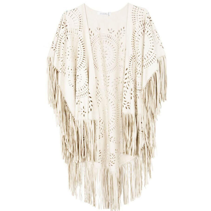 Damen Fransen-Poncho aus Wildlederimitat mit lasergeschnittenem Mandala-Design Echoarchiv