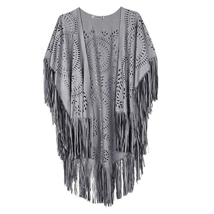 Damen Fransen-Poncho aus Wildlederimitat mit lasergeschnittenem Mandala-Design Echoarchiv