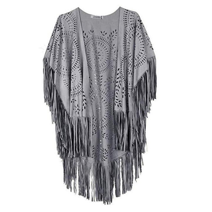 Damen Fransen-Poncho aus Wildlederimitat mit lasergeschnittenem Mandala-Design Echoarchiv