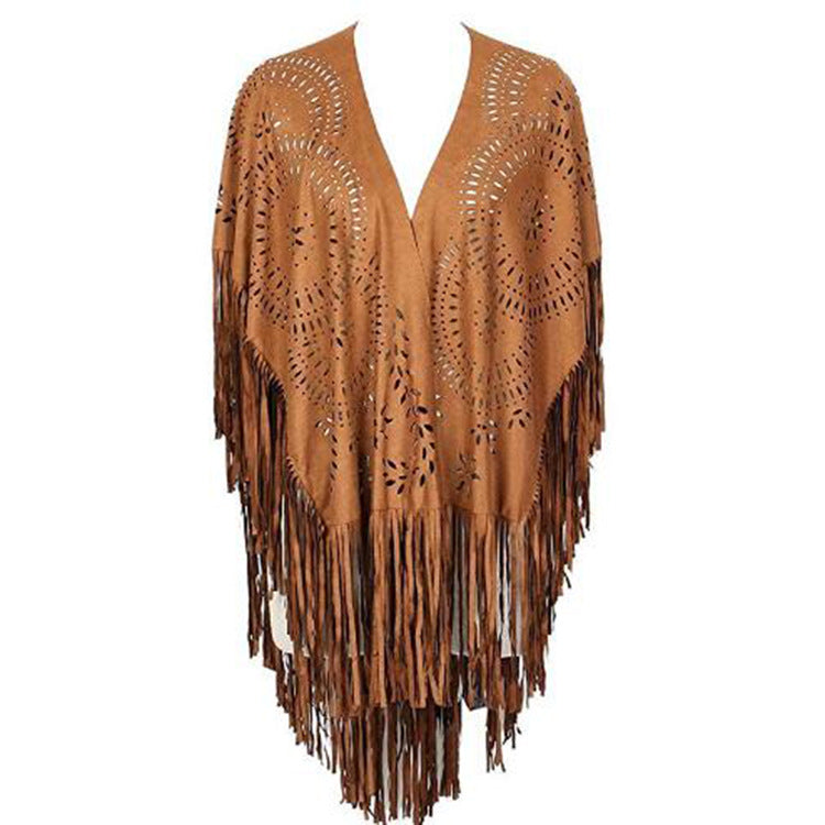 Damen Fransen-Poncho aus Wildlederimitat mit lasergeschnittenem Mandala-Design Echoarchiv