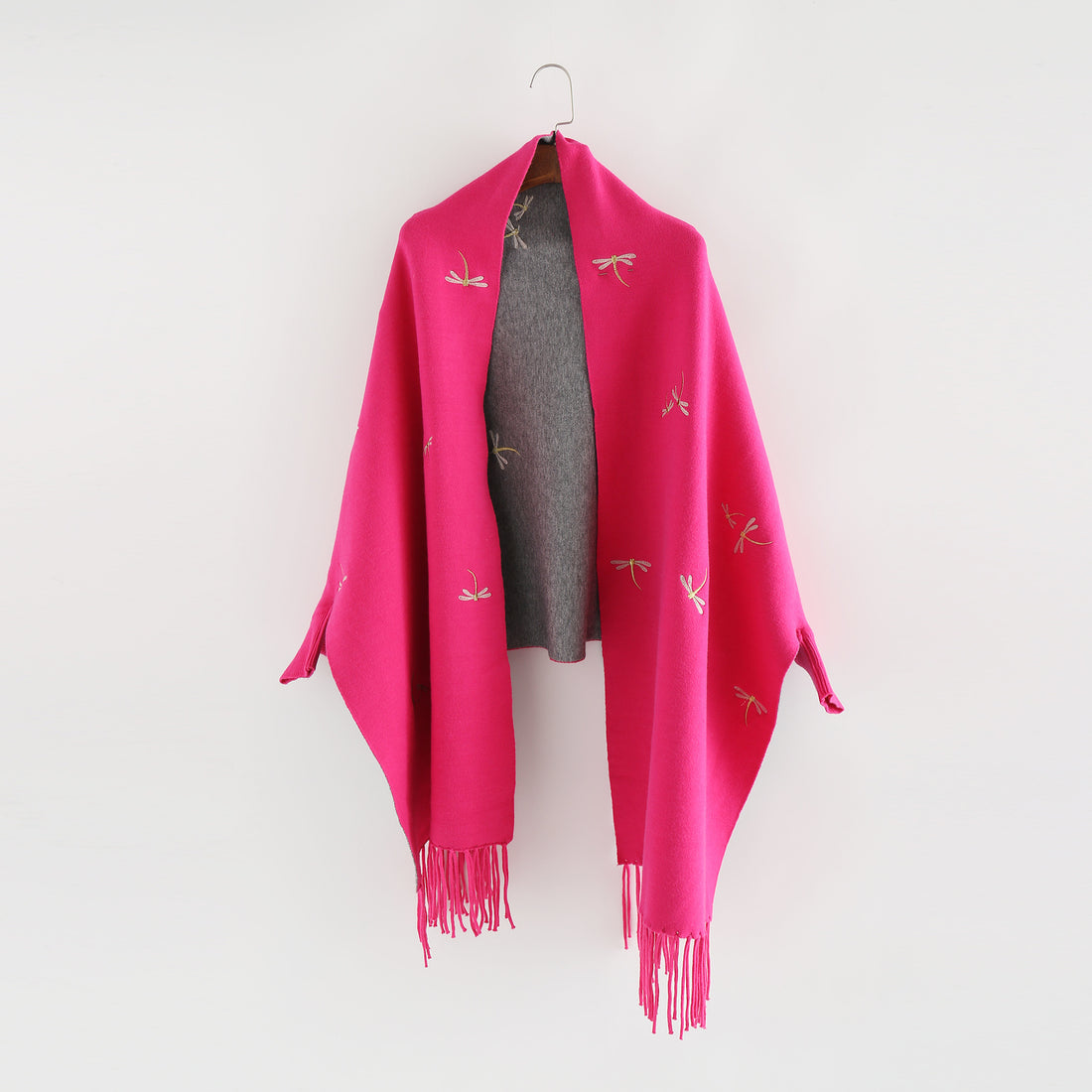 Damen Bestickter Wollmix-Überwurf mit Libellenstickerei und Fransensaum – Montévia