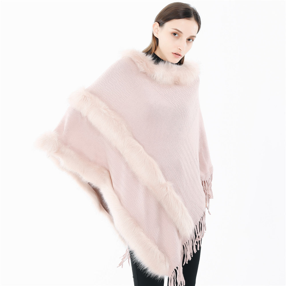 Damen Kuscheliger Wollmix‑Poncho mit Kunstfellbesatz und Fransen – Montévia