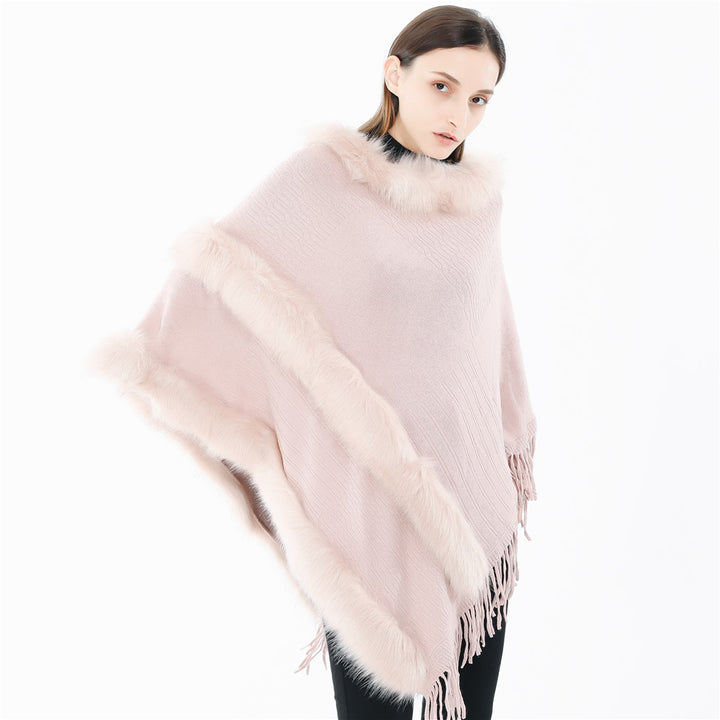 Damen Kuscheliger Wollmix‑Poncho mit Kunstfellbesatz und Fransen – Montévia