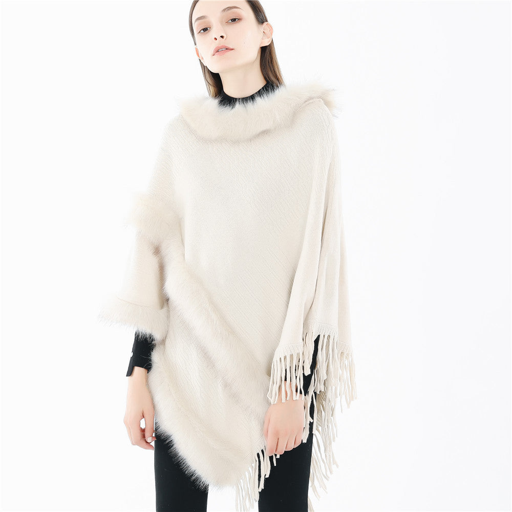 Damen Kuscheliger Wollmix‑Poncho mit Kunstfellbesatz und Fransen – Montévia