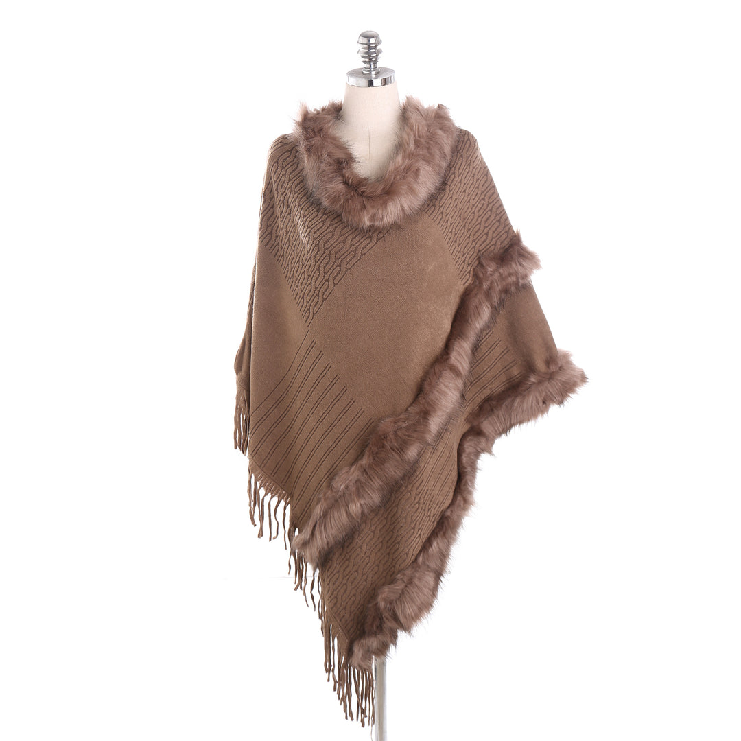 Damen Kuscheliger Wollmix‑Poncho mit Kunstfellbesatz und Fransen – Montévia