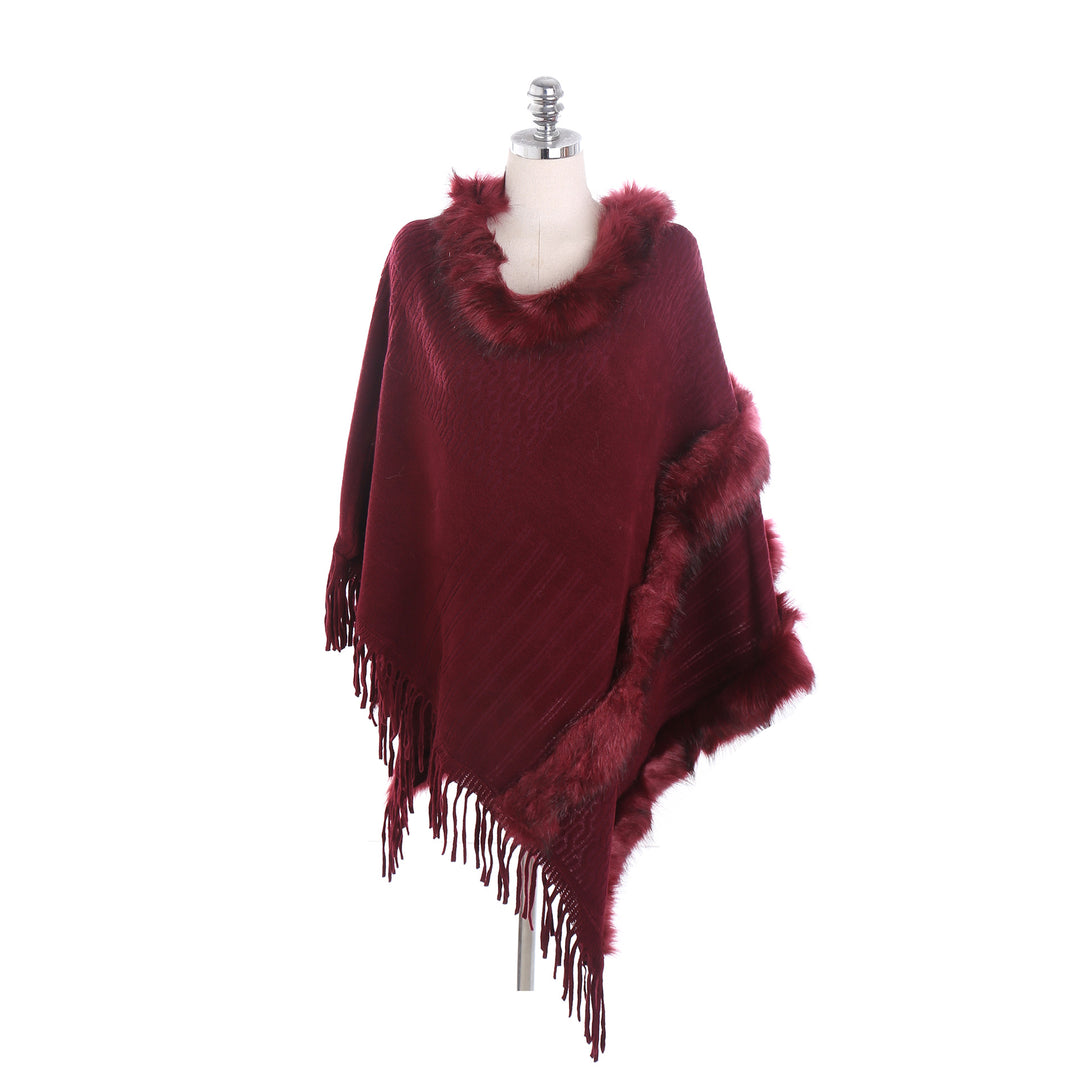 Damen Kuscheliger Wollmix‑Poncho mit Kunstfellbesatz und Fransen – Montévia